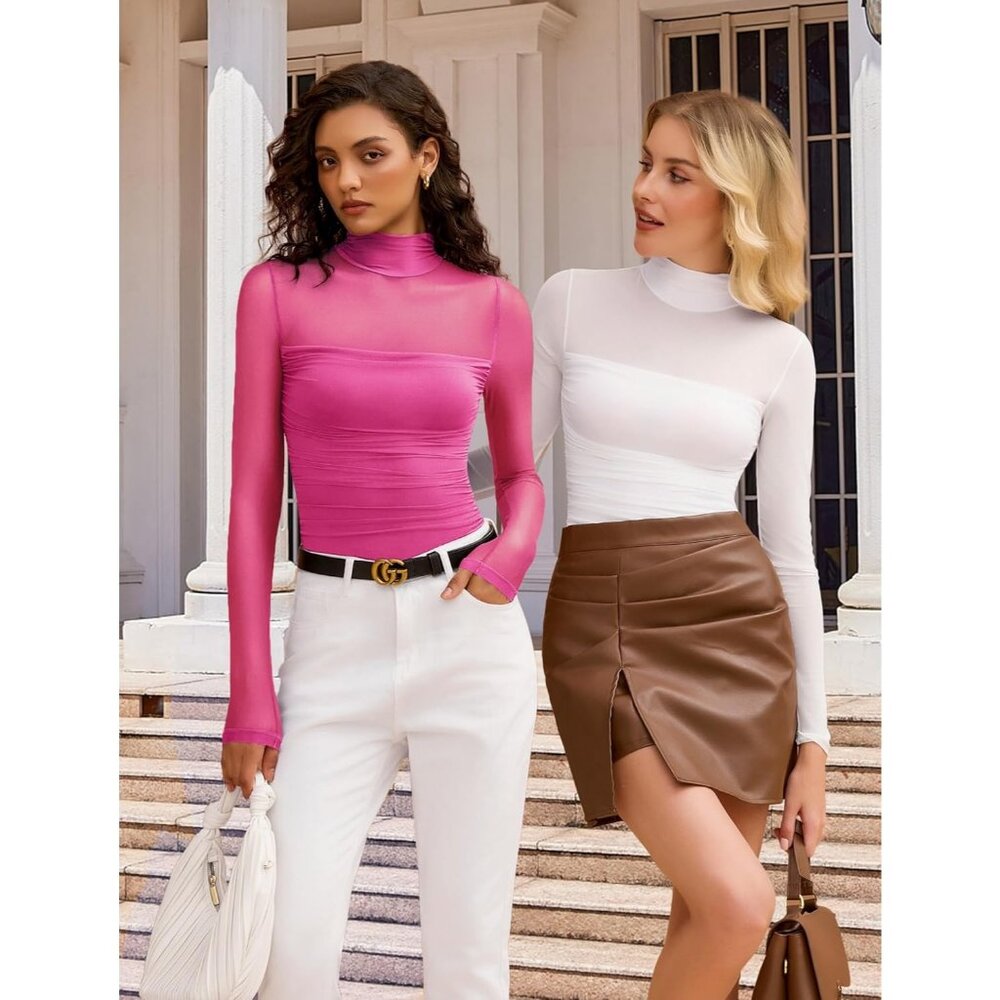 Women's Rose Red Long Sleeve Bodysuit Turtle Neck Mesh One Piece Shirt Shapewear - Picture 5 of 6